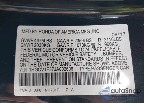 2018 Honda Accord Sport from USA, damaged, VIN 1HGCV1F37JA002606